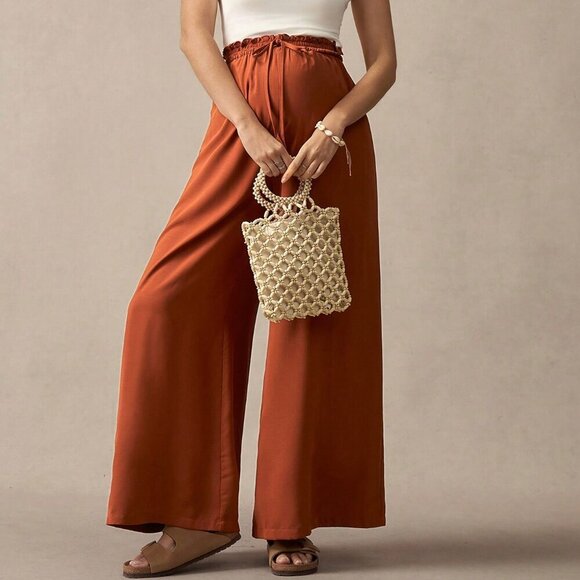 Maternity Rust Brown Casual Women's High Waist Wide Leg Pants - Picture 4 of 7